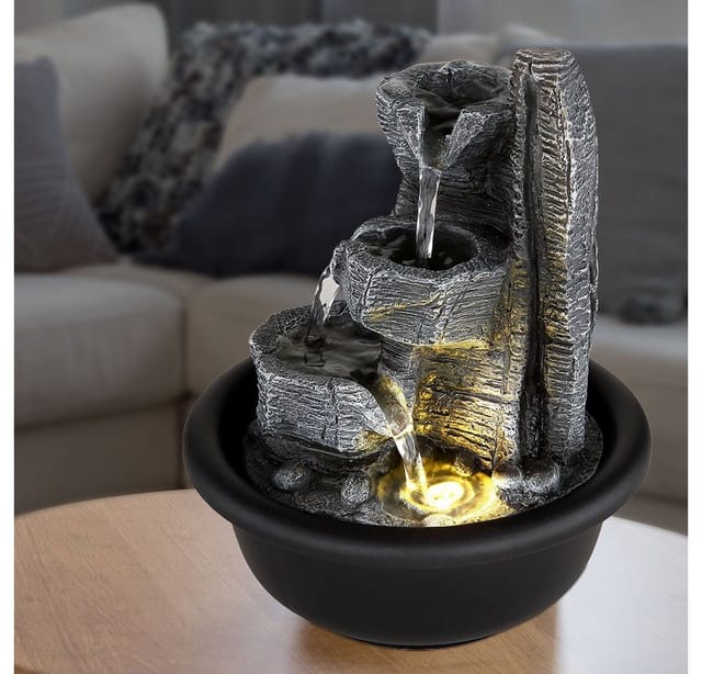Zimmerbrunnen Tischbrunnen mit Wasserfall led Springbrunnen Deko Beleuchtung, Kunststoff schwarz grau, 3000K warmweiß, d 16 cm