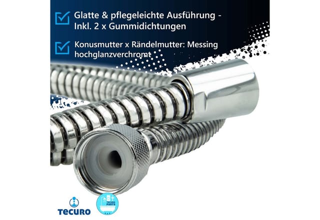 Tecuro - 300 cm Brauseschlauch royal 1/2 Zoll Drehkonusmutter x 1/2 Zoll Rändelmutter, metalleffekt, Trinkwasser-Konform, ktw bwgl, din en 1113