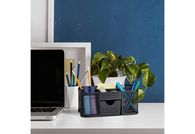 Schreibtisch Organizer, Büro Organizer mit Stiftehalter & Schublade, Metall, hbt: 10 x 23,5 x 11,5 cm, schwarz - Relaxdays