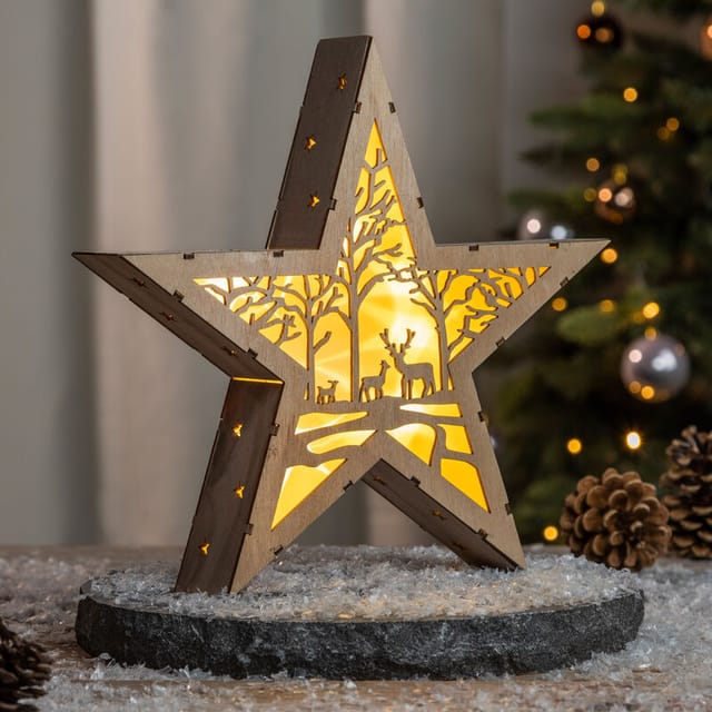 LED Weihnachts Stern aus Holz 30 cm - Motiv: Wald - Deko Aufsteller warm weiß beleuchtet - Weihnachten Advent Winter Stern Tisch Deko Beleuchtung