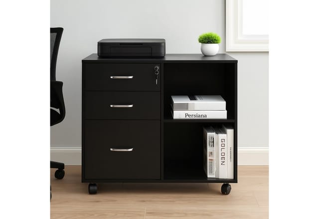 Rollcontainer, 3 Schubladen, 2 Fächer, Hängeregister, HxBxT: 66x80x40 cm, abschließbarer Aktenschrank, schwarz - Relaxdays