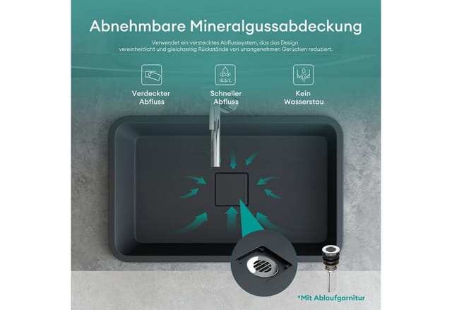 Mai & Mai Waschbecken mineralguss Einbauwaschbecken ca. 60x38x12 cm (BxTxH) in Anthrazit Matt mit Ablaufabdeckung Col104