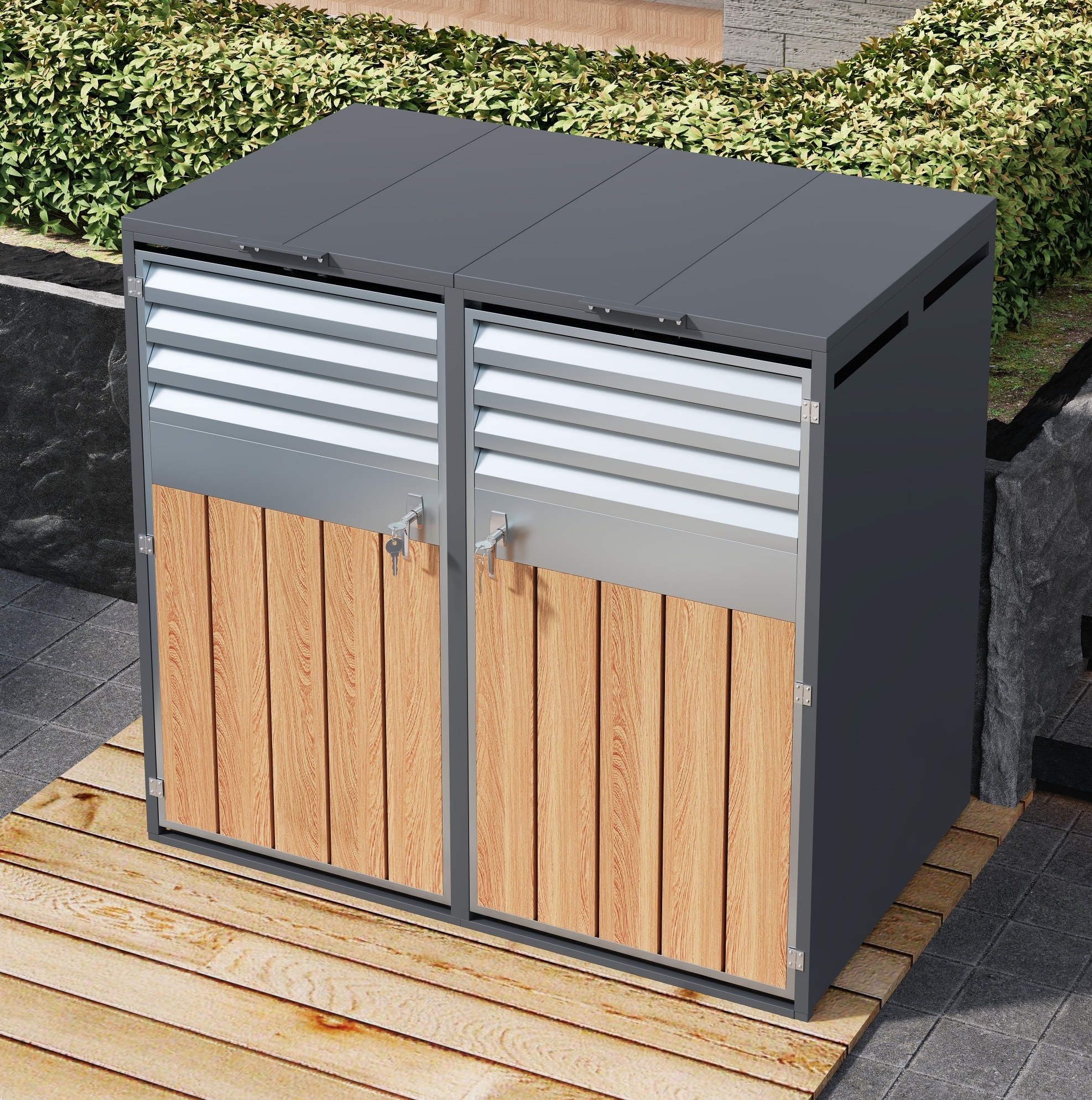 Mülltonnenbox Grau In Stahl Mit Holzoptik, 2 Fächer, Abschließbar, Mit Hydraulischem Klappdeckel Und Lüftungsschlitzen