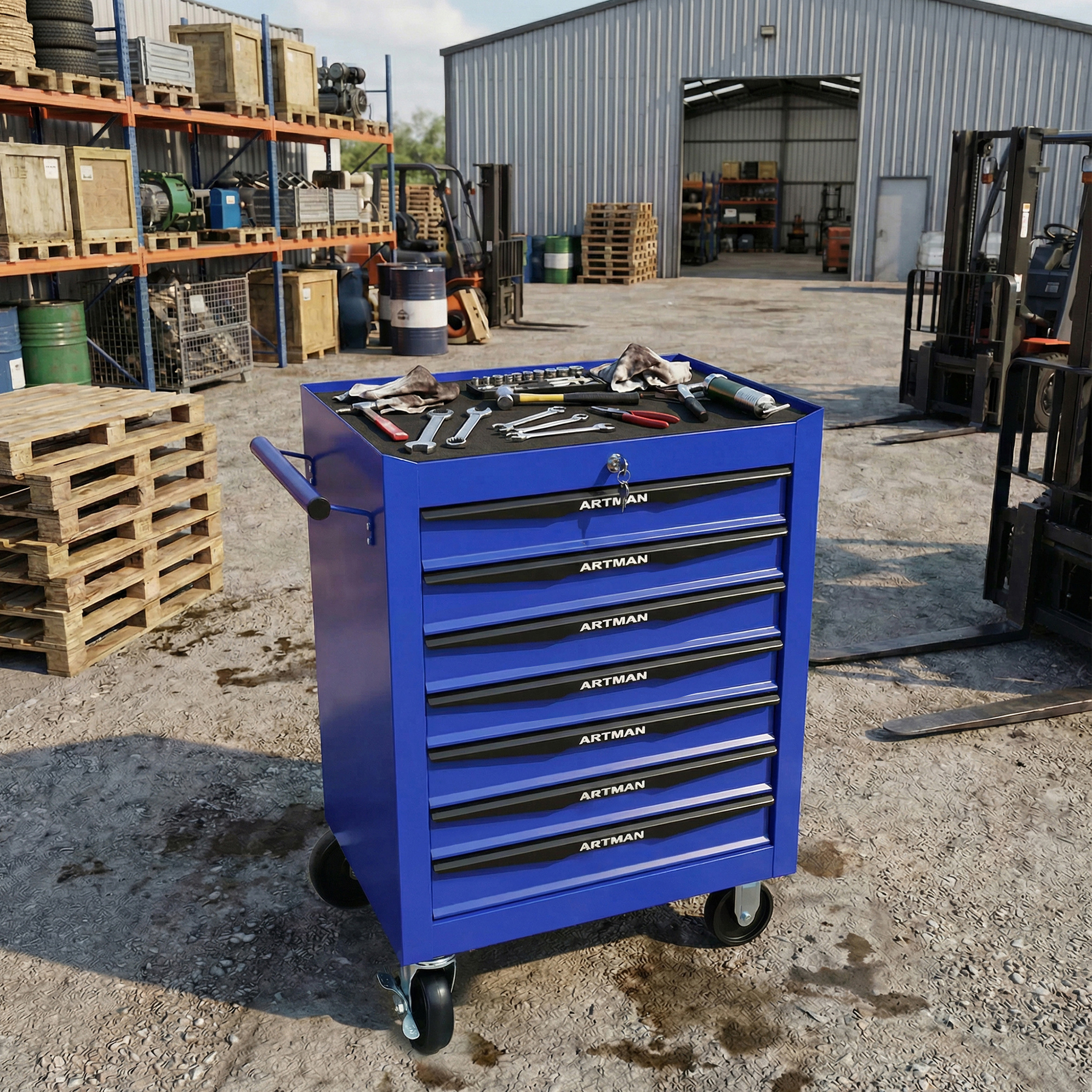 Mobiler Werkzeugschrank Aus Metall Mit 7 Schubladen, 52,5 X 33 X 77,5 Cm, Schwarz/blau Havrya
