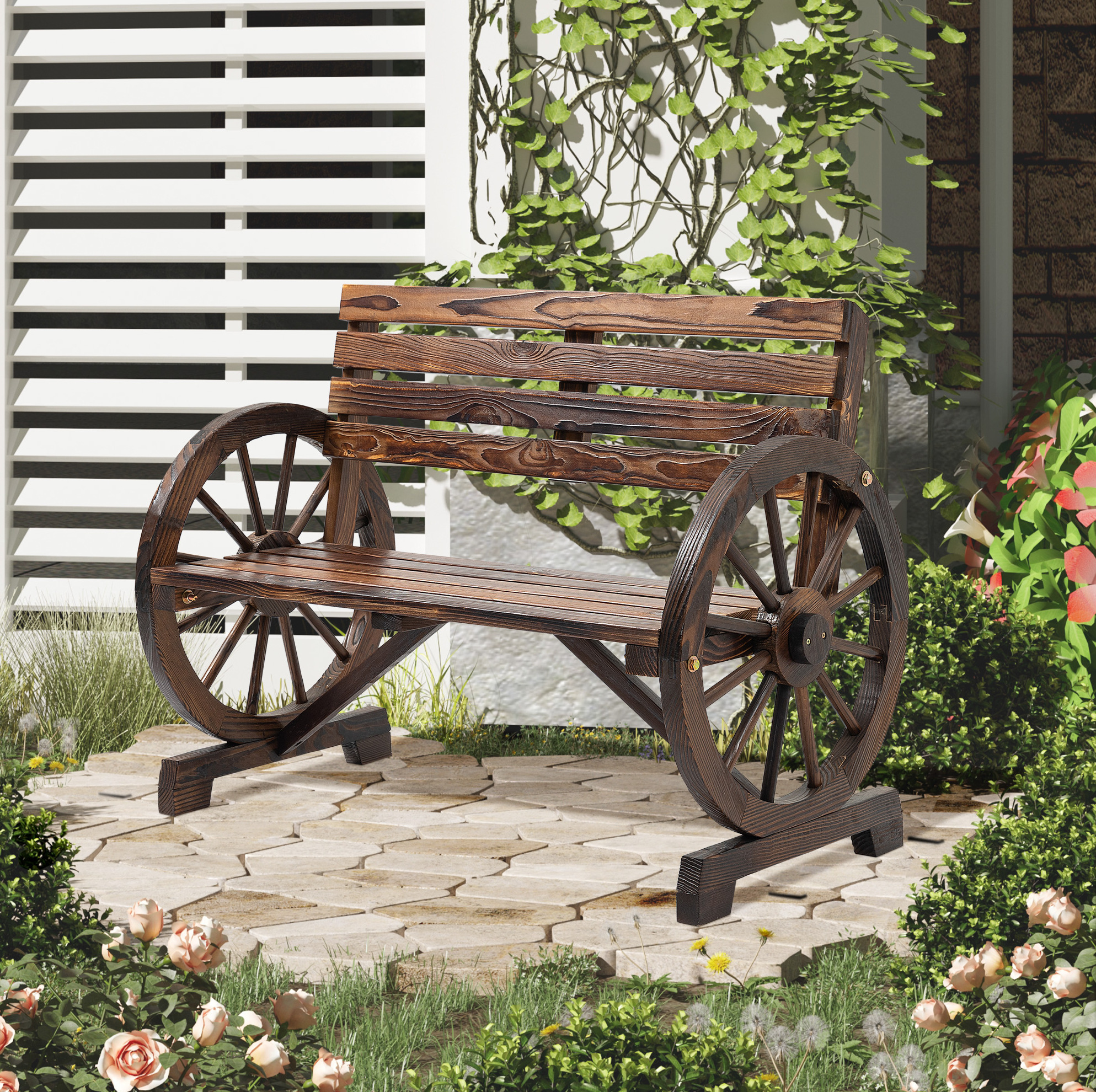 2-sitzer-gartenbank Mit Rad-armlehnen, Braunes Holz 105,5 X 56 X 79 Cm Havrya