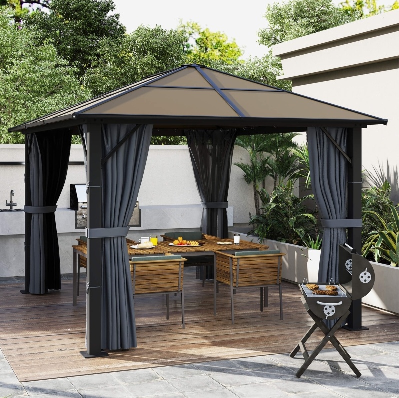 Gartenpavillon 3 X 3 M, 6 Mm Polycarbonatdach, Vorhänge Und Moskitonetz, Dunkelgrau Havrya
