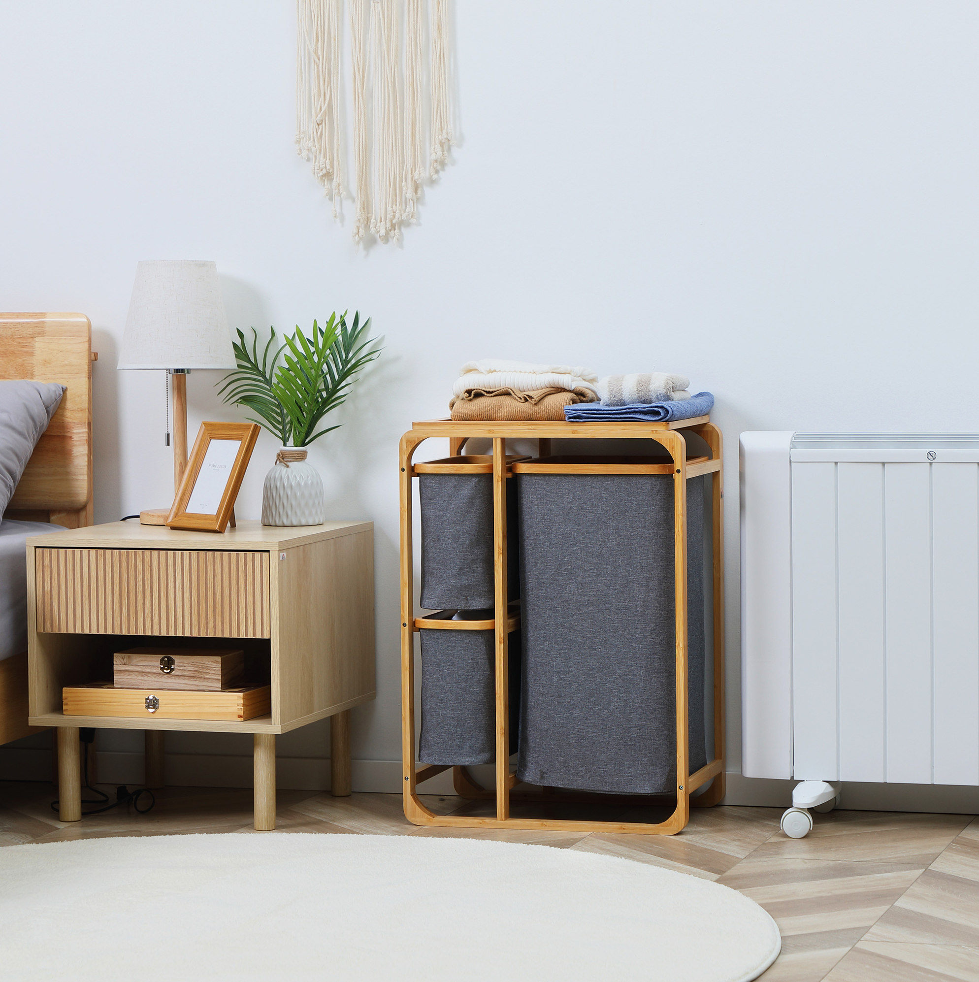 Bambus-wäschekorb Mit 3 Herausnehmbaren Taschen, Grau Und Natur Havrya
