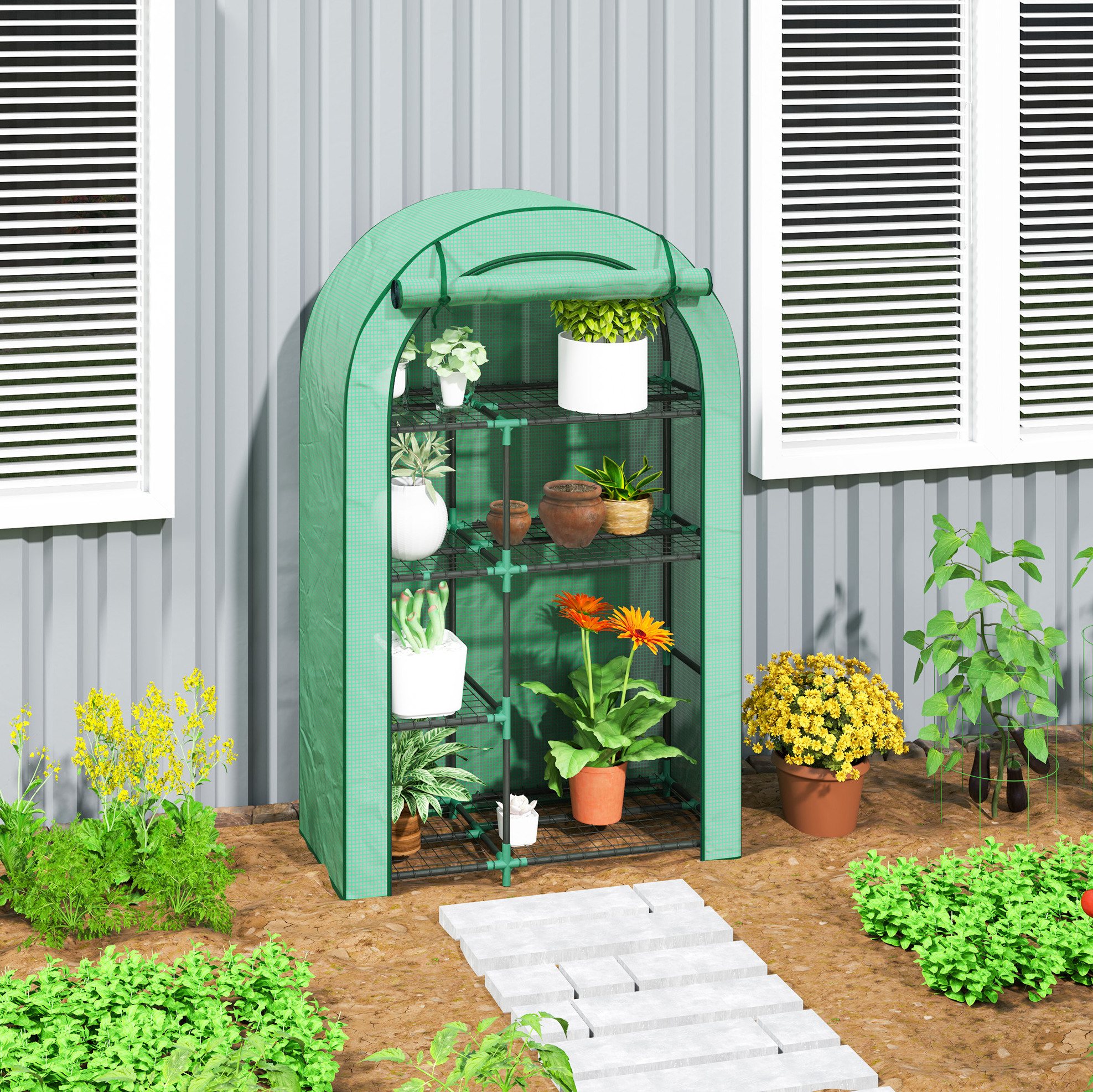 Gartengewächshaus Mit Runddach, 100 X 45 X 160 Cm, 7 Ablagen, Stahl, Grün Havrya