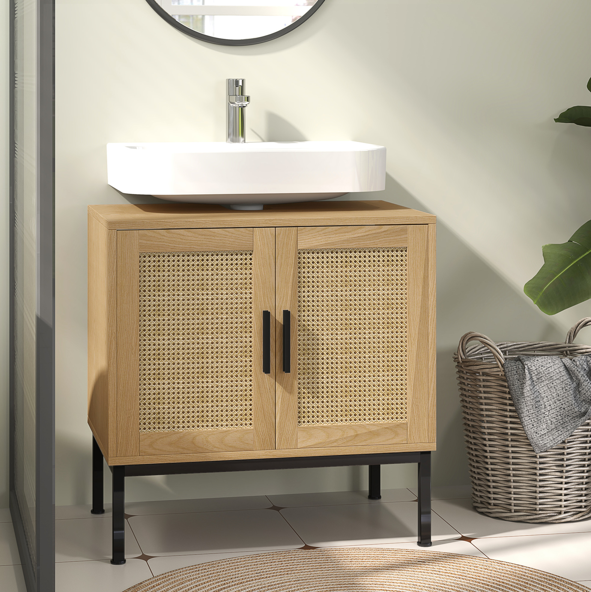 Waschbeckenunterschrank 60 X 39 X 60 Cm Rattan-optik Eiche Havrya