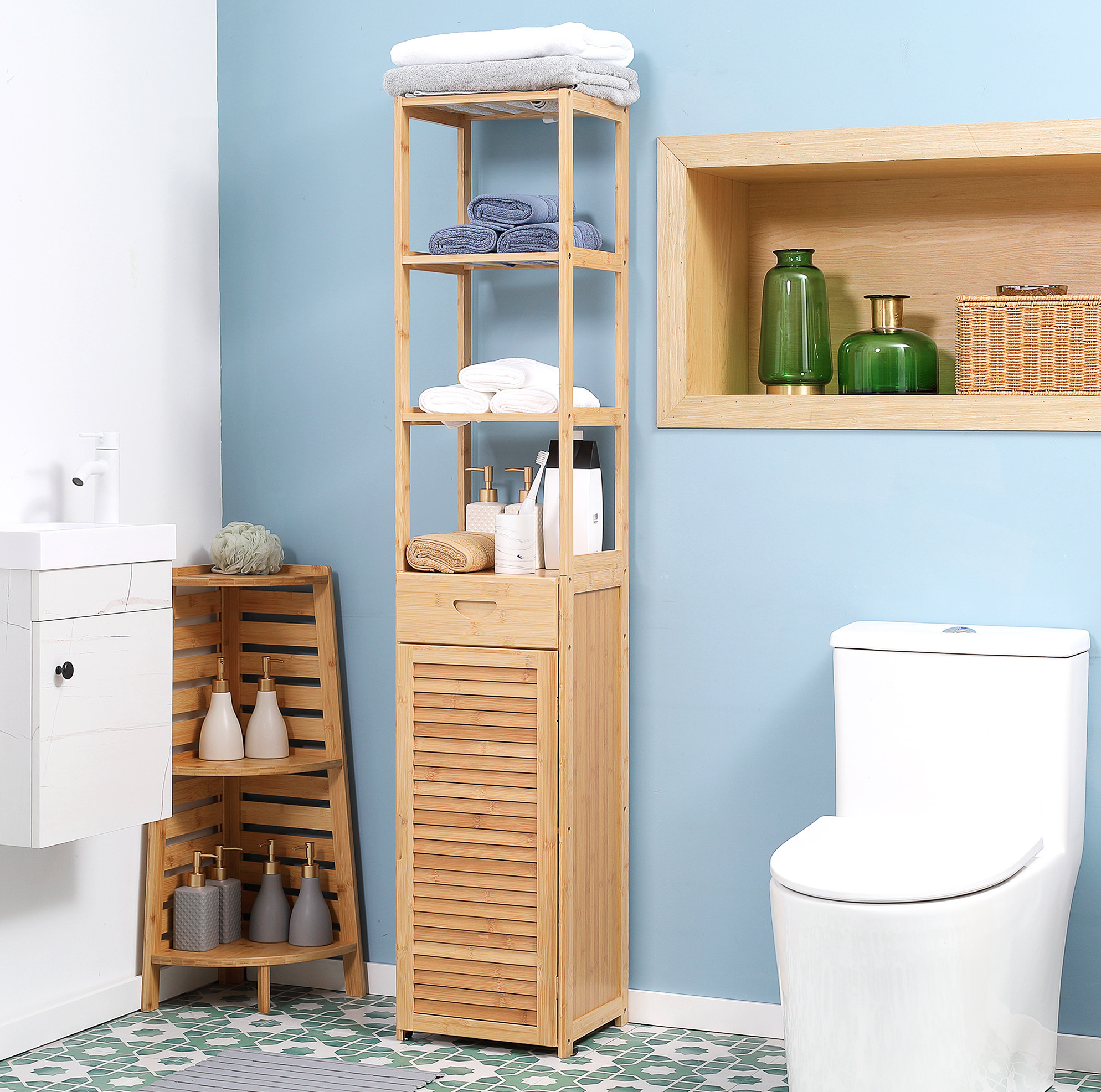 Badezimmerschrank Aus Bambus Mit 3 Regalen, Schublade Und Tür, 32 X 30 X 163 Cm Havrya