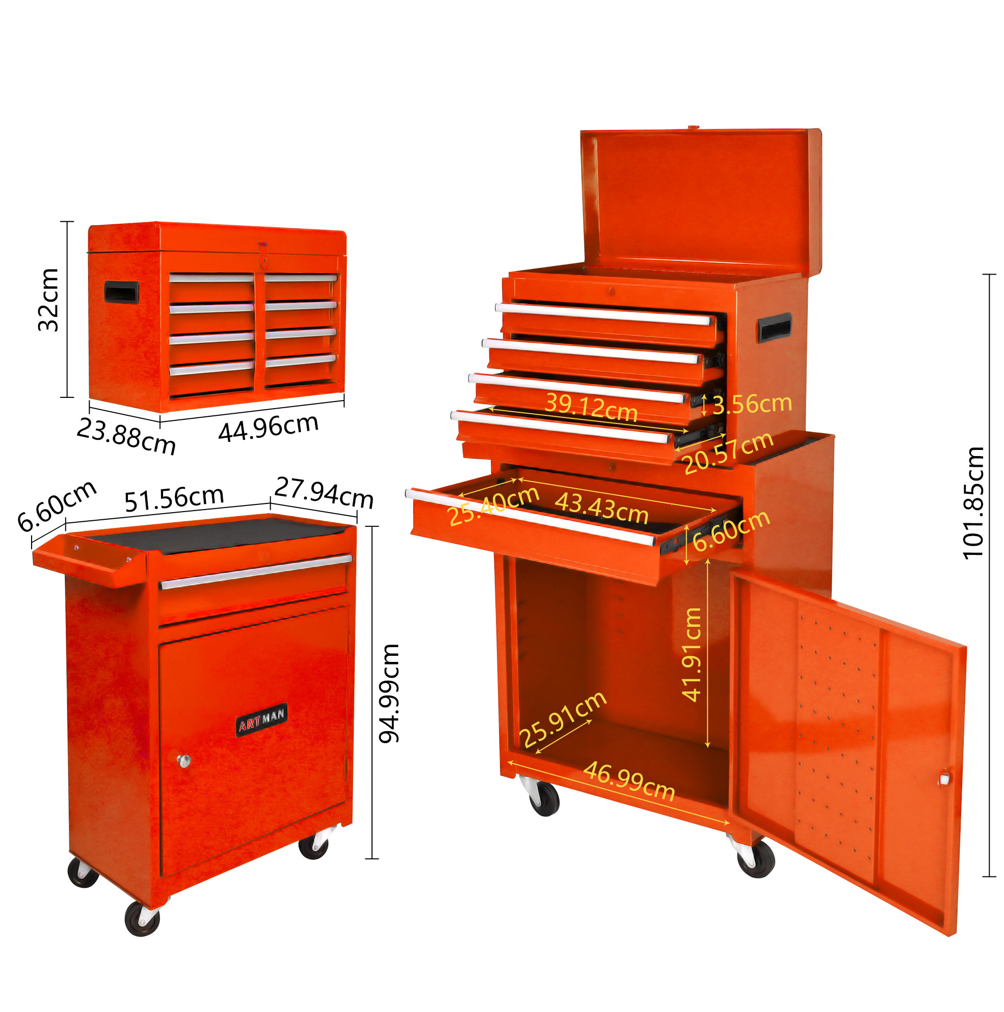 Werkzeugschrank Auf Rollen, 5 Schubladen, Metall, Orange Havrya