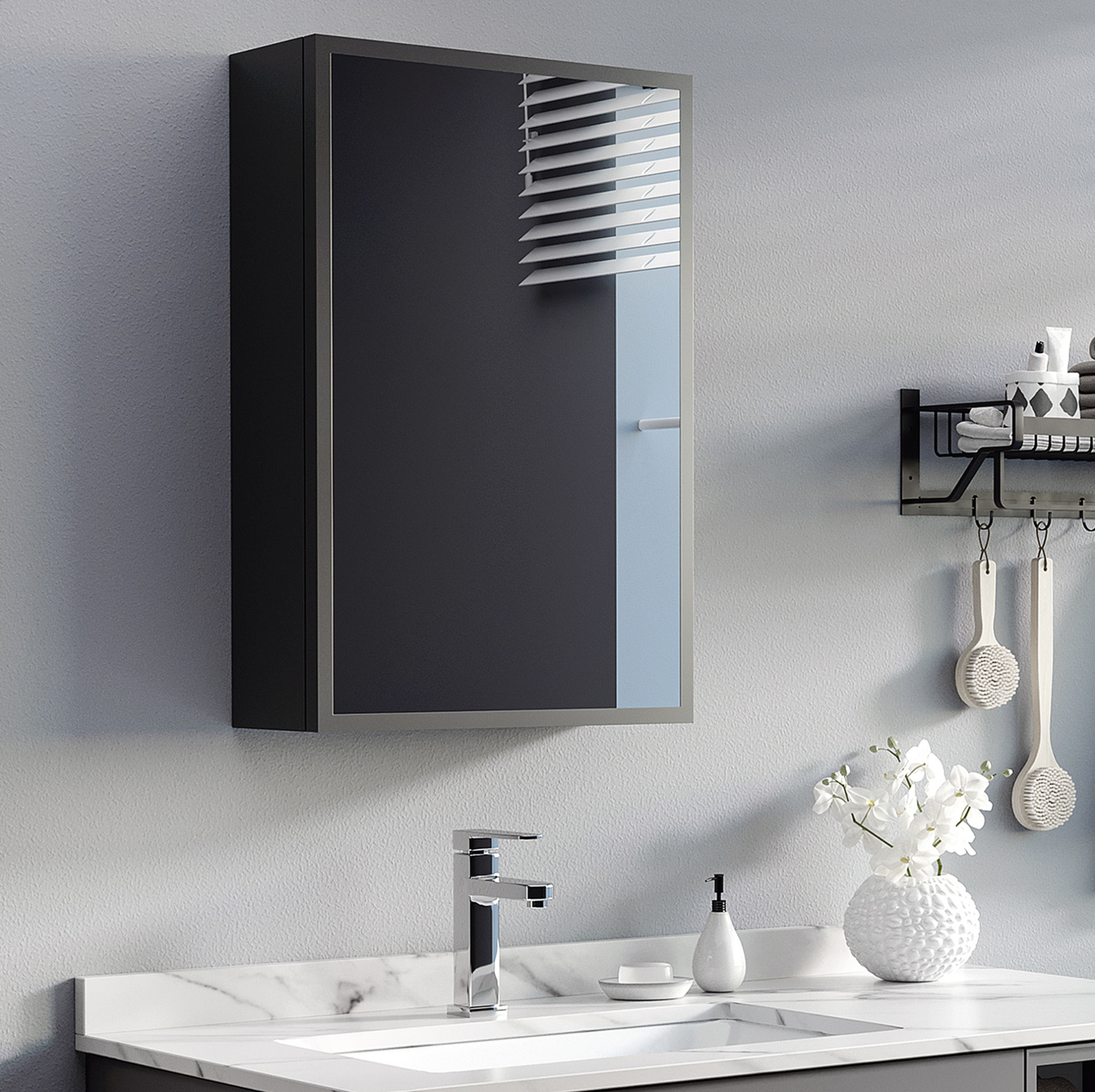 Badezimmerschrank Mit Wandspiegel 40 X 15 X 60 Cm, 3 Regale, Schwarz Havrya
