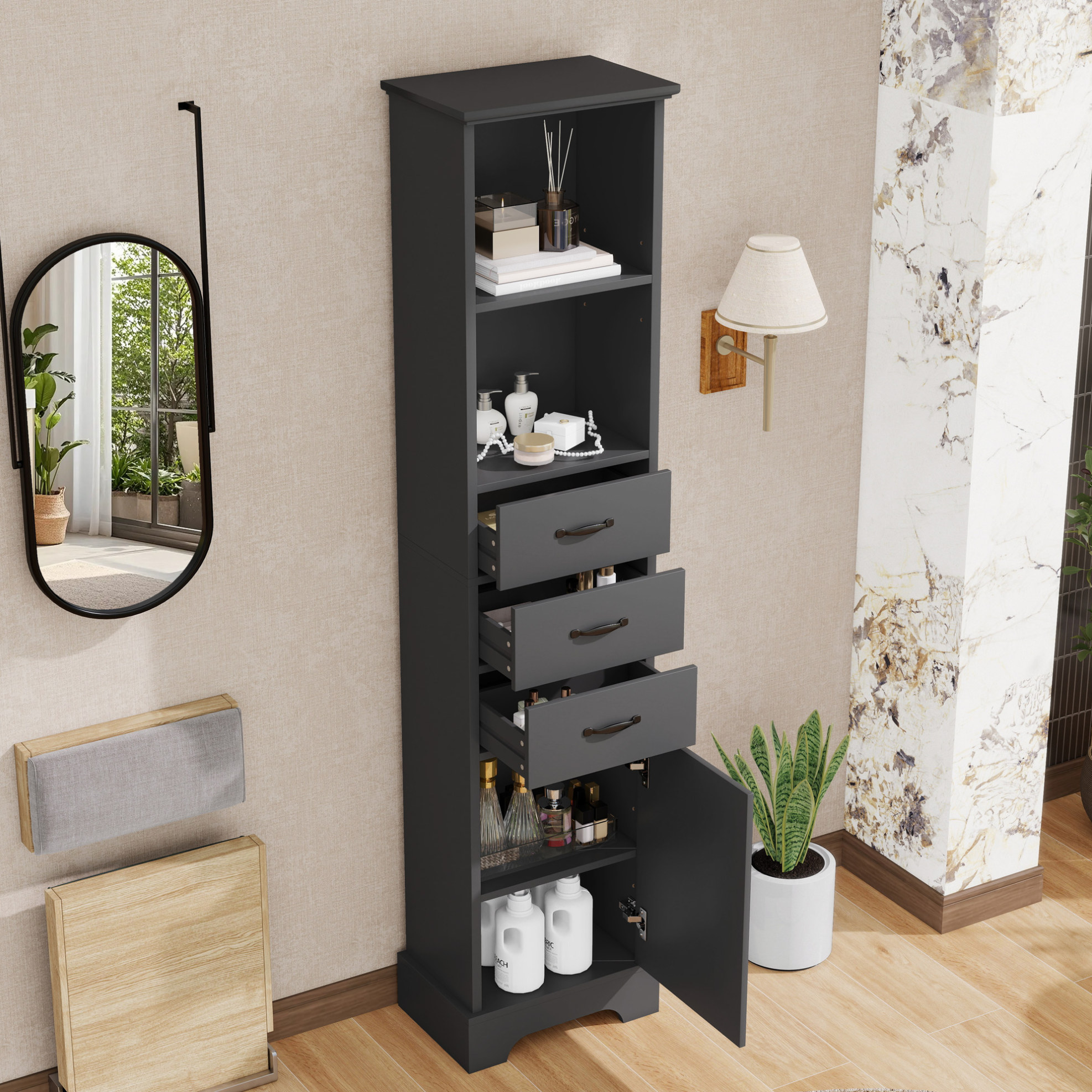 Hochschrank Badezimmer 38 X 26 X 172,5 Cm Mit 3 Schubladen, Verstellbaren Böden, Schwarz Havrya