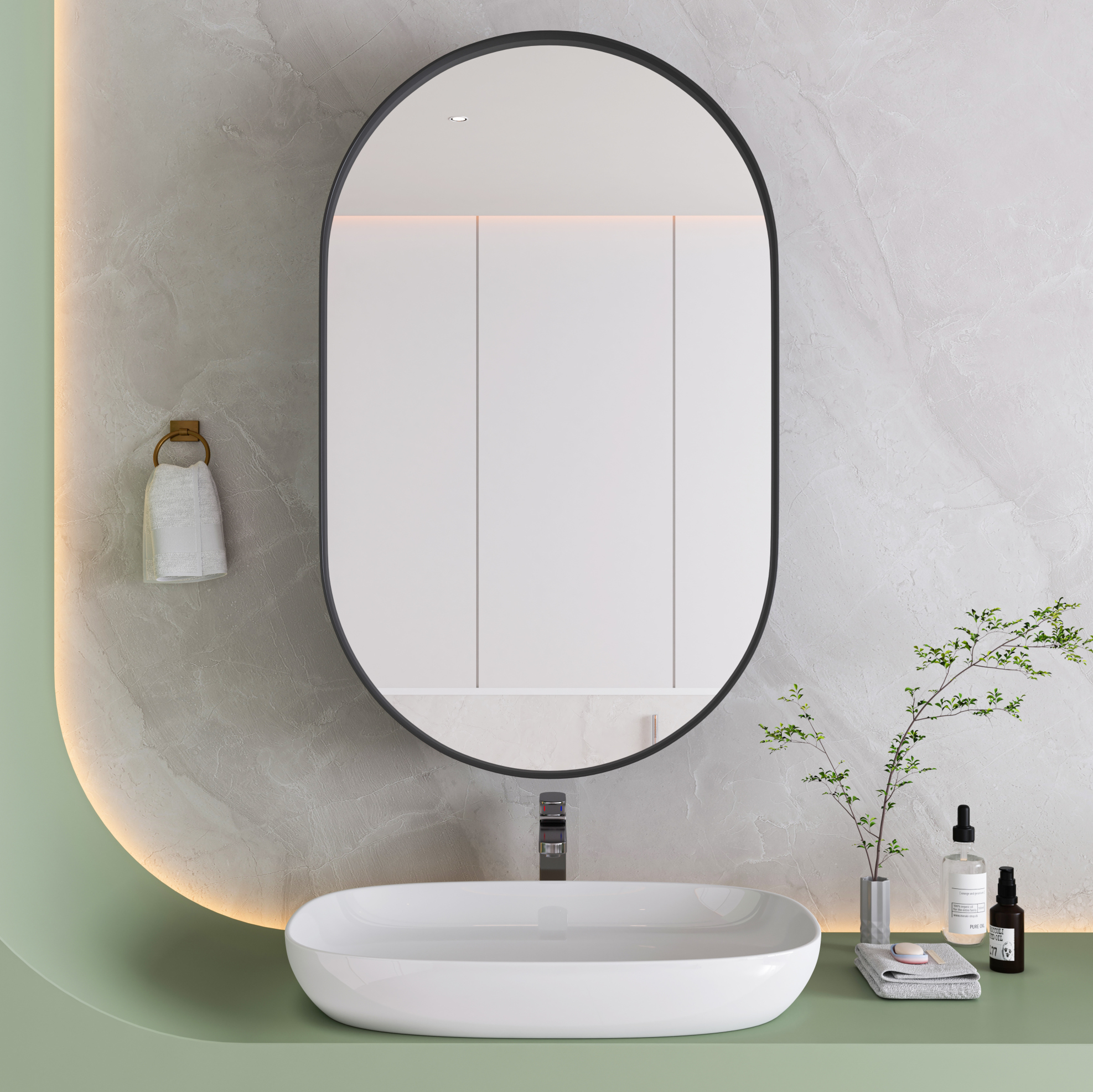 Badezimmer-spiegelschrank Oval Schwarz Mit Verstellbaren Glasböden Havrya