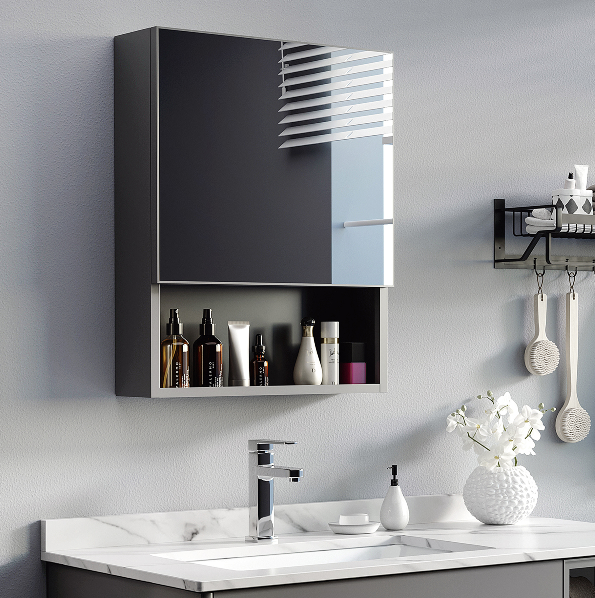 Badezimmerschrank Mit Spiegel Aus Edelstahl, 46 X 13,5 X 58 Cm, Schwarz Havrya