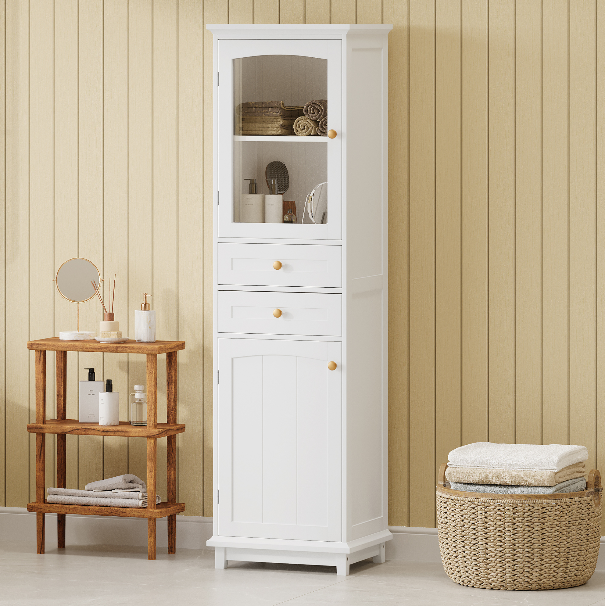Badezimmerschrank 45 X 36 X 160 Cm Mit Glastür, 2 Schubladen, Verstellbarem Einlegeboden Weiß Havrya