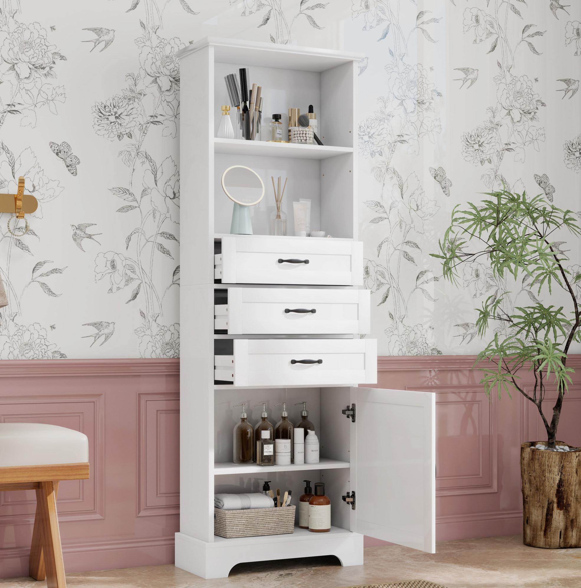 Weißer Badezimmerschrank 56 X 25,6 X 167 Cm, 3 Schubladen, Verstellbare Ablagen Havrya