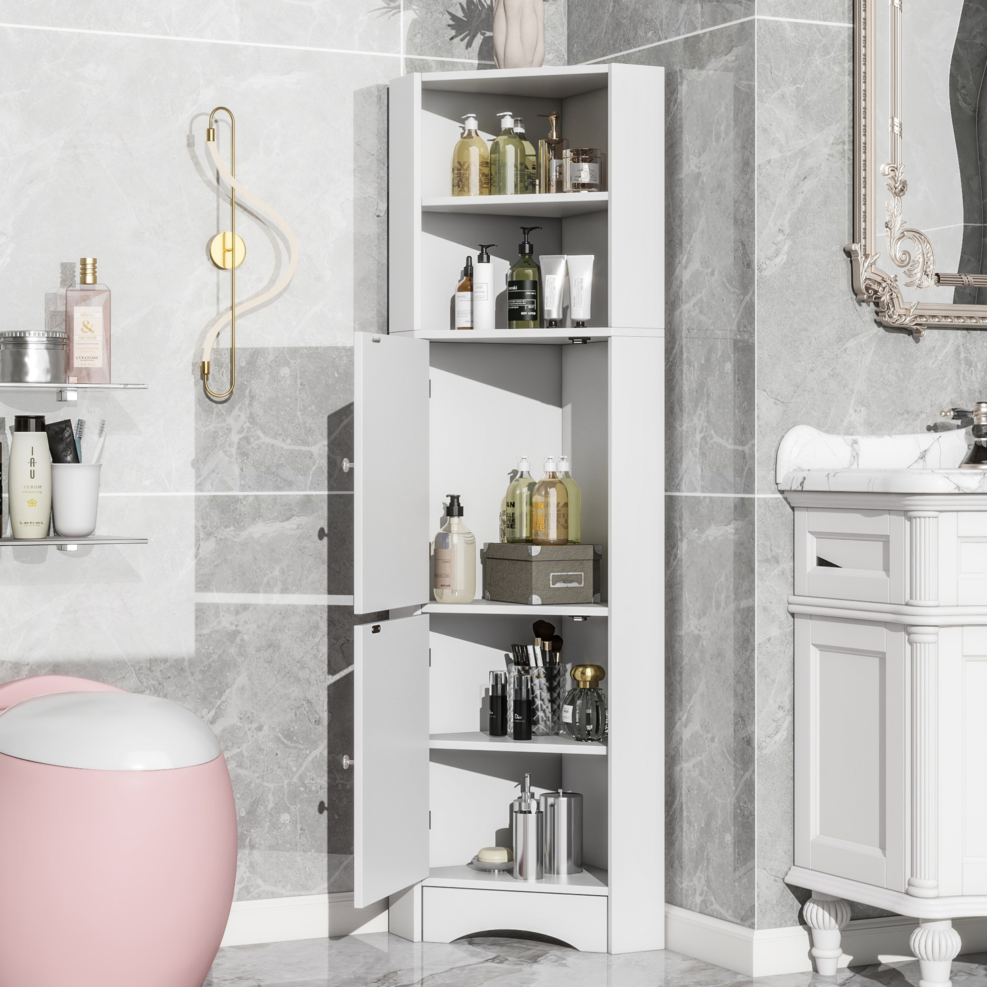 Badezimmer-eckschrank Mit Regalen Und Schrank, 36,5 X 36,5 X 155 Cm, Weiß Havrya