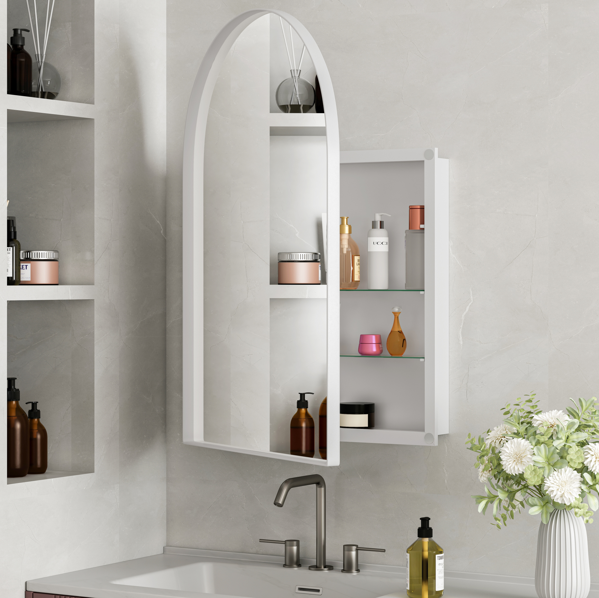 Bogen-spiegelschrank 91 X 61 X 12 Cm, Weiß, Metall Und Gehärtetes Glas Havrya