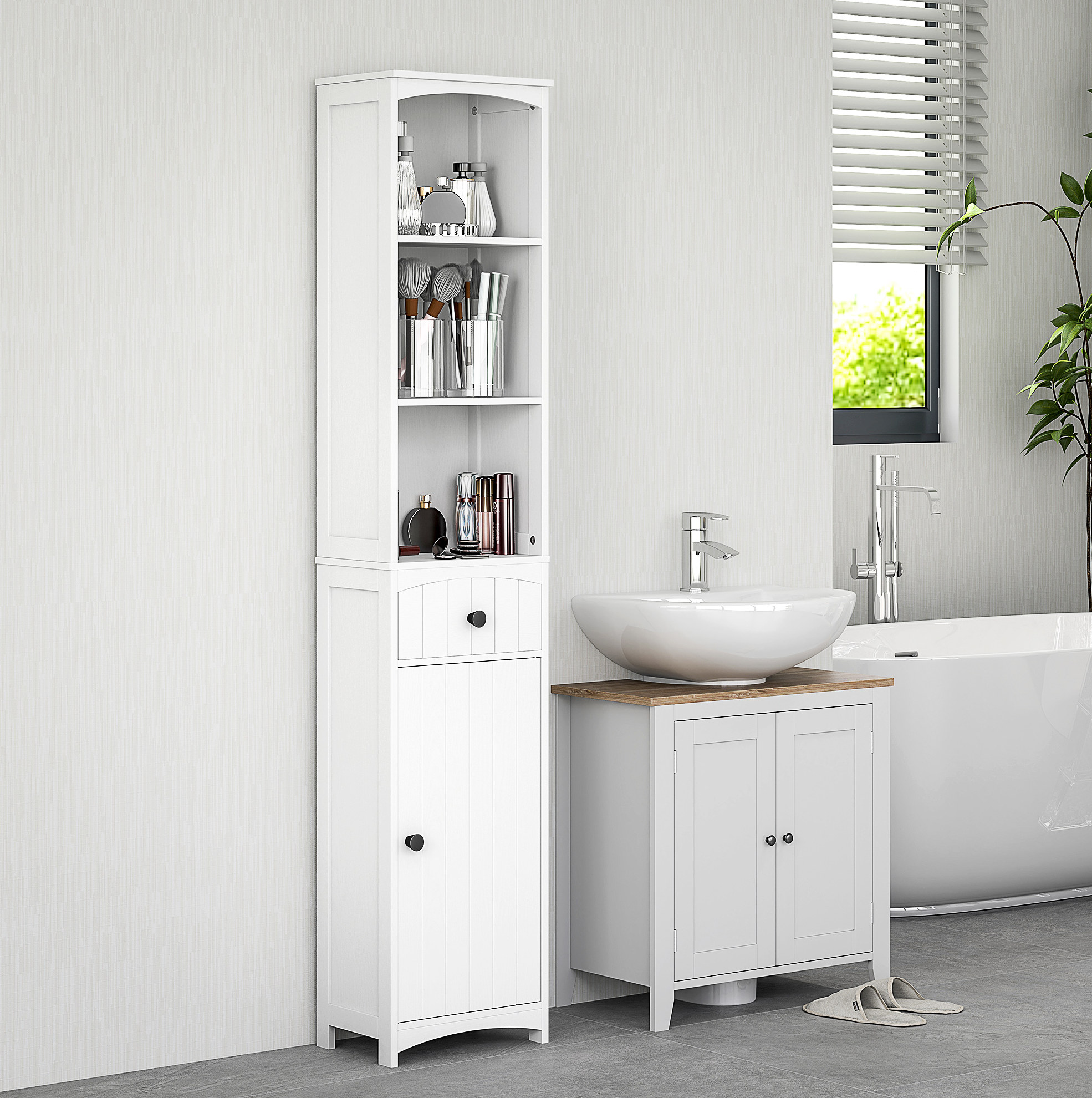 Badezimmerschrank Hochschrank, 3 Regale Und 1 Schublade, 34 X 24 X 170,5 Cm, Weiß Havrya