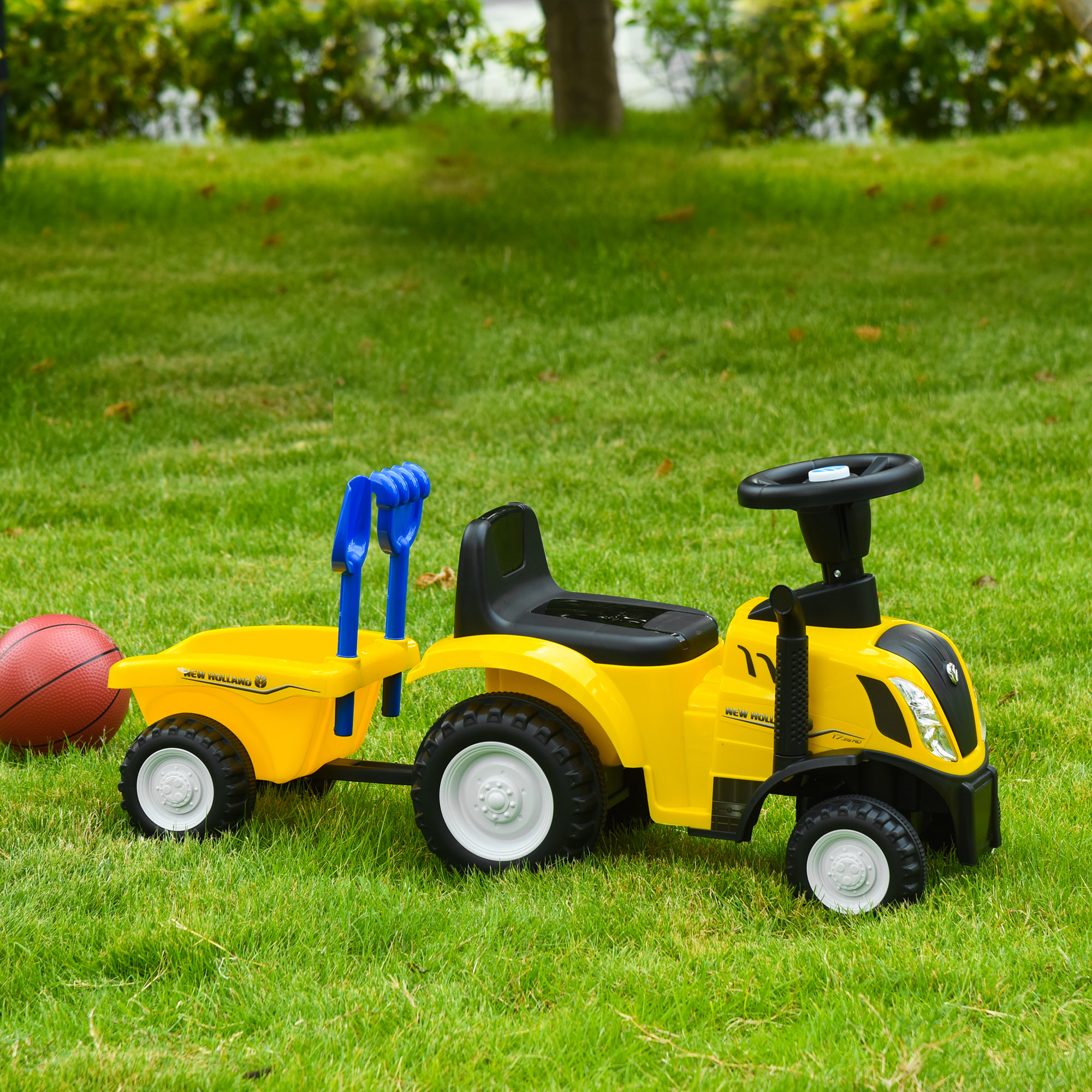 Elektrischer Traktor Für Kinder Mit Abnehmbarer Aufbewahrungsbox, Rechen Und Schaufel, Kinderauto Mit Led-lichtern Und Hupe, Gelb