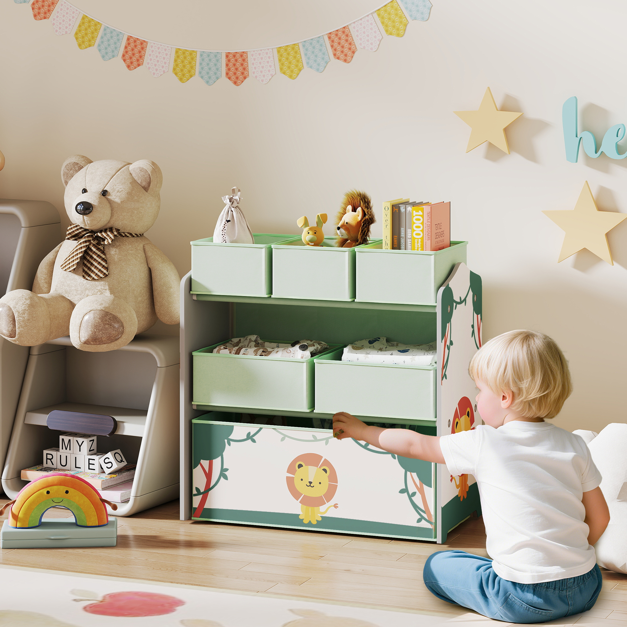 3-stöckiges Aufbewahrungsmöbel Für Kinder, Spielzeugregal Mit 6 Herausnehmbaren Stoffboxen, Grün