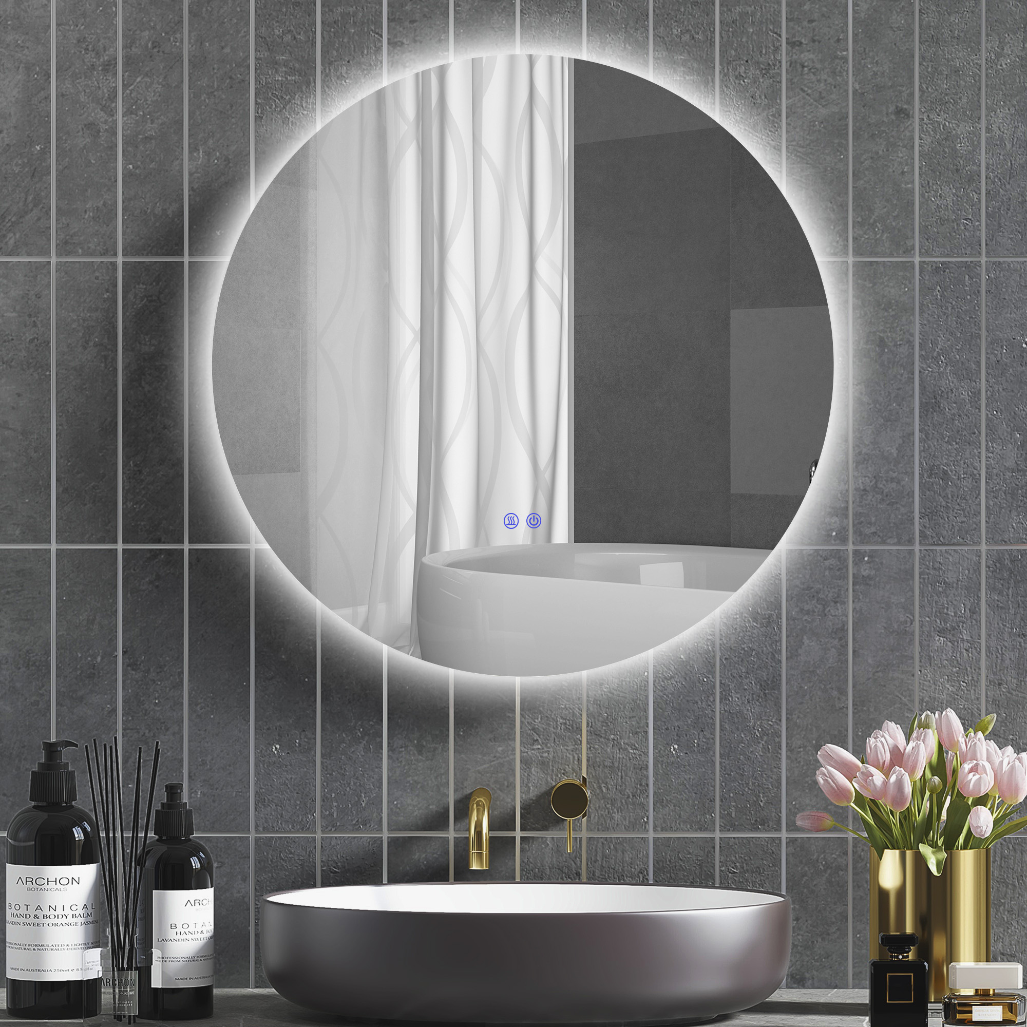 Ein Runder Badezimmerspiegel Mit 80 Cm Durchmesser Und Led-beleuchtung. Ausgestattet Mit Touch-bedienung Und Antibeschlagsystem.