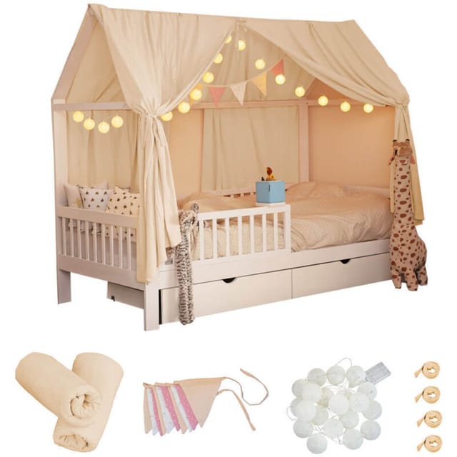 HOME DELUXE - Kinderbett Deko Set VELINDO - Farbe: Creme, inkl. Wimpelkette, Vorhang und LED Lichterkette I Kinderbett Deko, Kinderzimmer Dekoration