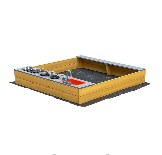 HOME DELUXE Sandkasten COOKY – Natur Holz-Sandkasten mit Spielküche für kreativen Spielspaß Sandkasten, Sandkasten mit Deckel, Holzsandkasten,