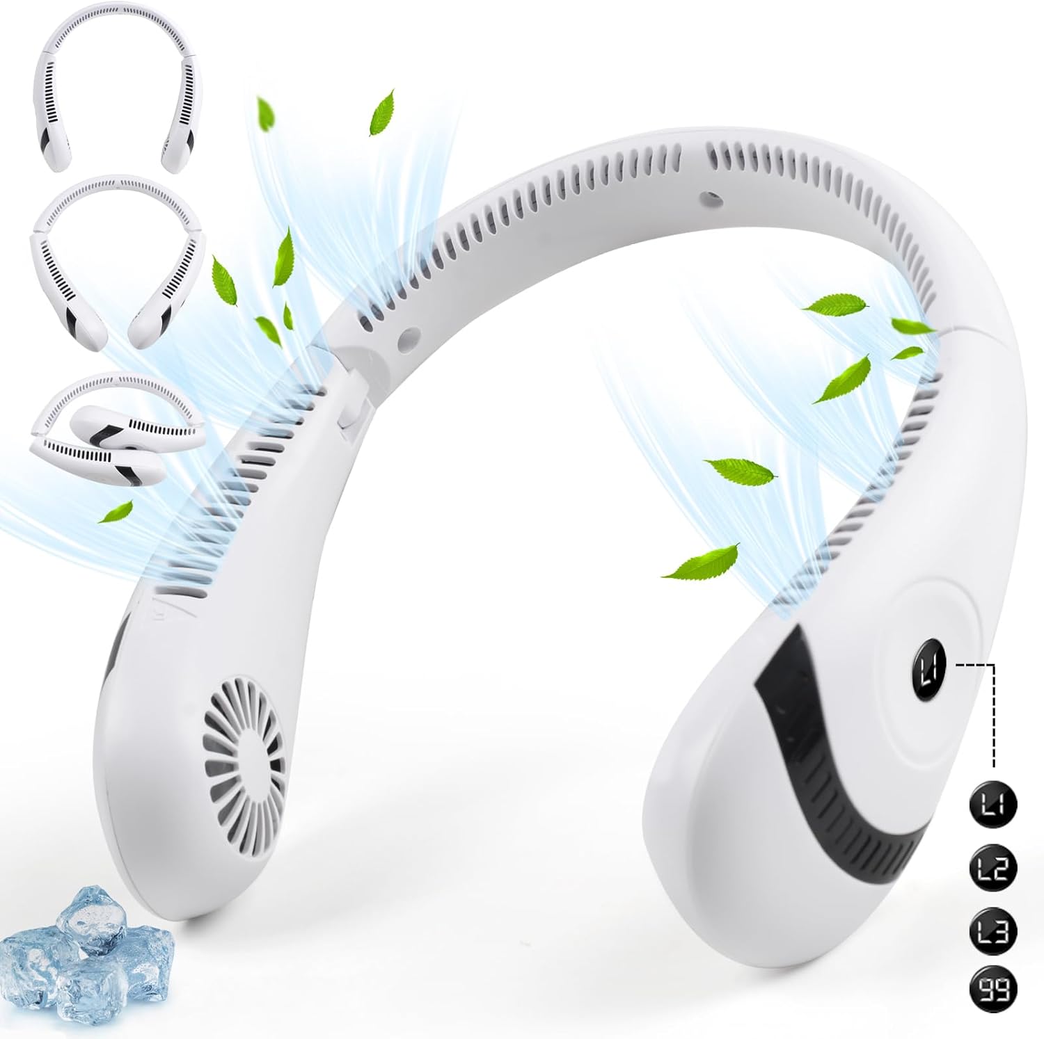 Ventilateur De Cou Portable, Batterie 5000 Mah, 3 Vitesses De Ventilation Réglables, Flux D'Air À 360°, Alimentation Usb, Pliable, Sans Pales, Ventilateur De Cou Rechargeable.