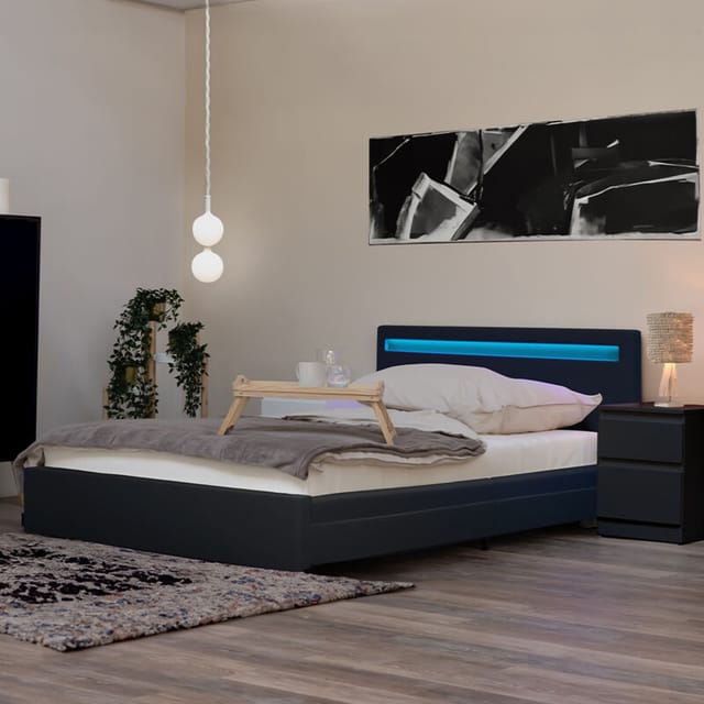 HOME DELUXE - LED Bett NUBE - Dunkelgrau, 140 x 200 cm - inkl. Matratze, Lattenrost und Schubladen I Polsterbett Design Bett inkl. Beleuchtung LED