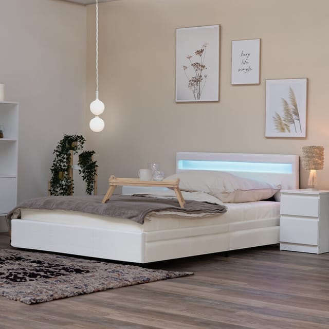 HOME DELUXE - LED Bett NUBE - Weiß, 140 x 200 cm - inkl. Matratze, Lattenrost und Schubladen I Polsterbett Design Bett inkl. Beleuchtung LED