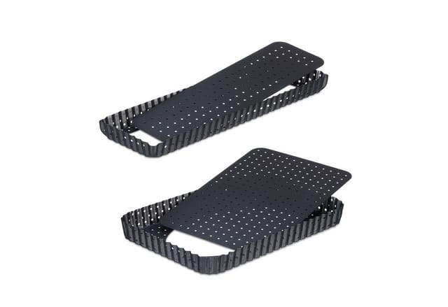 Tarteform, 2er Set, mit Hebeboden & Löchern, 2 Größen, antihaftbeschichtet, rechteckige Quicheform, anthrazit - Relaxdays