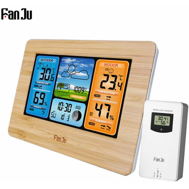 Kabellose multifunktionale Wetterstation mit Uhr, Innen- und Außentemperatur-Hygrometer, mit Außensensor und USB-Stromkabel, mit