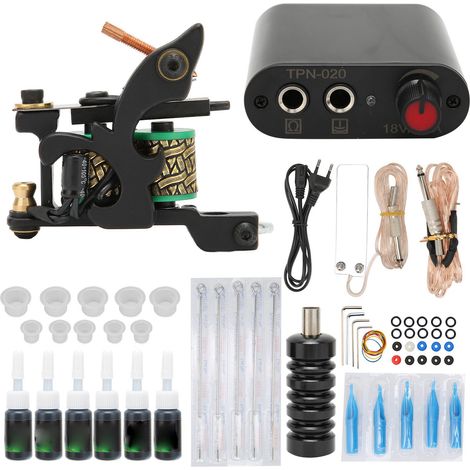 Wstz0803-20 Tattoo-maschinen-set Mit Schwarzer Spule, 90-265v Mini-netzteil Mit Eu-stecker, Für Anfänger Und Profis