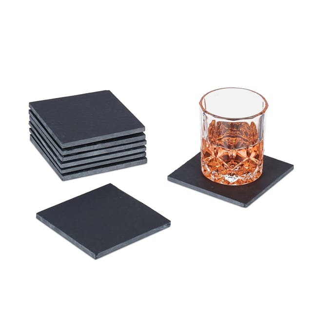 Relaxdays - Schiefer Untersetzer 8er Set, eckige Getränkeuntersetzer, HxB: 10 x 10 cm, Schieferplatte Gläser, anthrazit