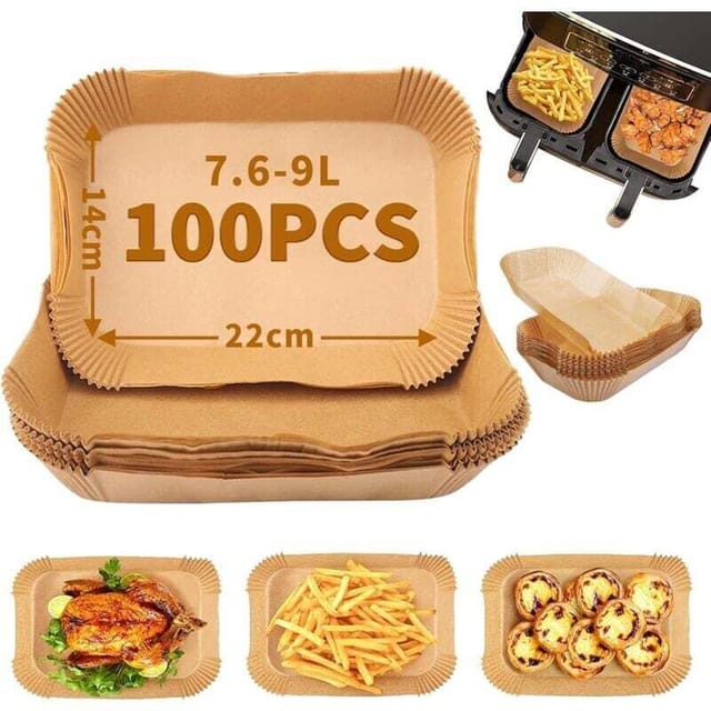 Heißluftfritteusen-Backpapier, 22 x 14 cm, 100 Stück, rechteckiges Heißluftfritteusenpapier, antihaftbeschichtet, öl- und wasserbeständig,
