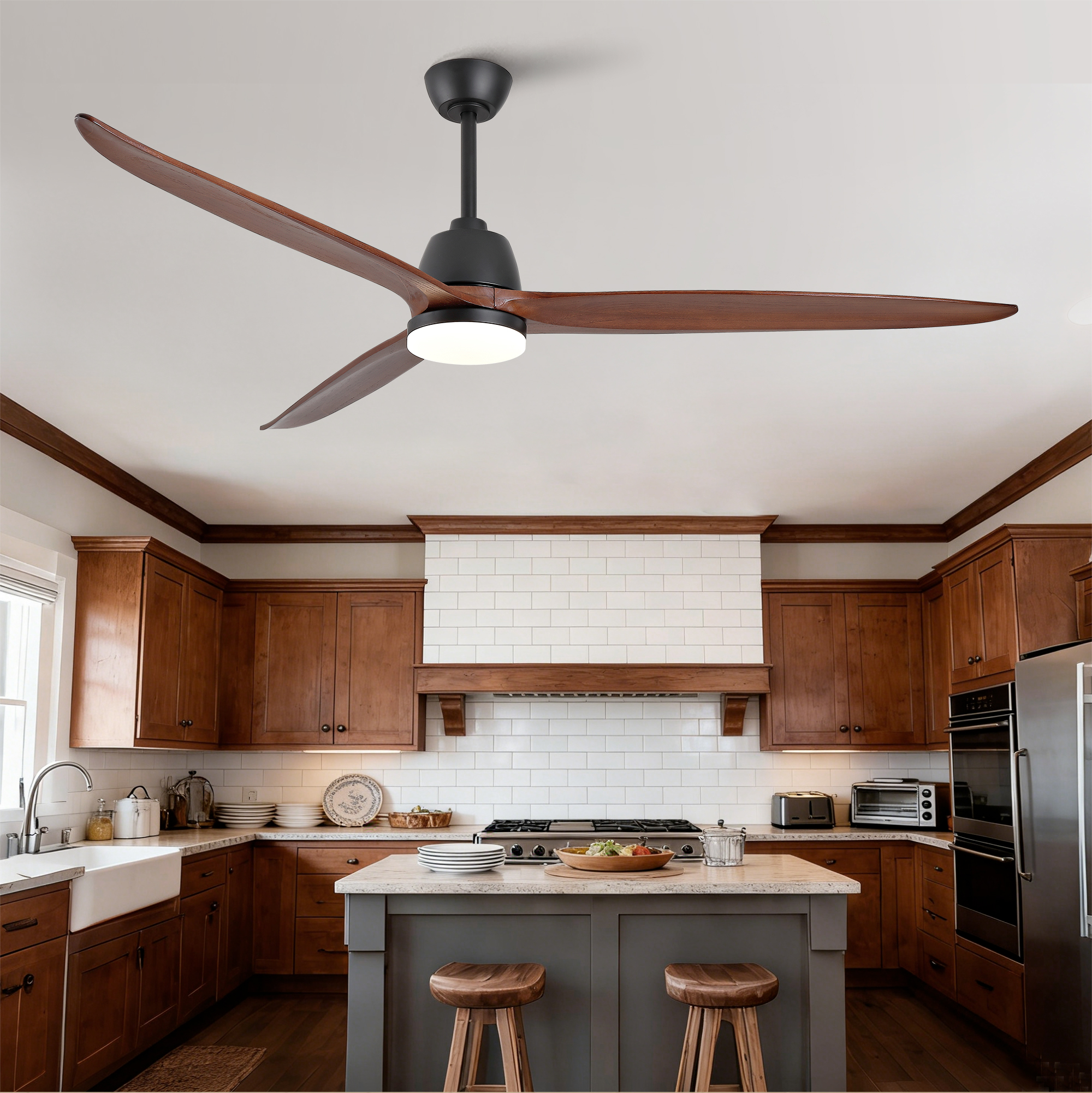 Deckenventilator Mit Beleuchtung 183 Cm, Reversibler Dc-motor, Dimmbare Led, Massivholz & Metall, Modern, Schwarz & Dunkler Nussbaum