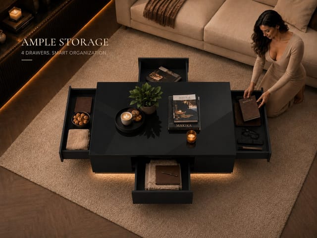 Led Couchtisch / Design Wohnzimmertisch mit Ablagefach und Schubladen - Schwarz Hochglanz - Makika