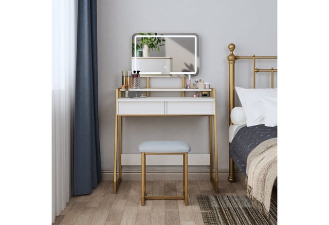 Schminktisch mit LED Beleuchtung+Spiegel+Hocker, Frisiertisch verstellbare Helligkeit, 2 Schubladen & Ablagen, Metallgestell, Weiß/Gold, Mondeer