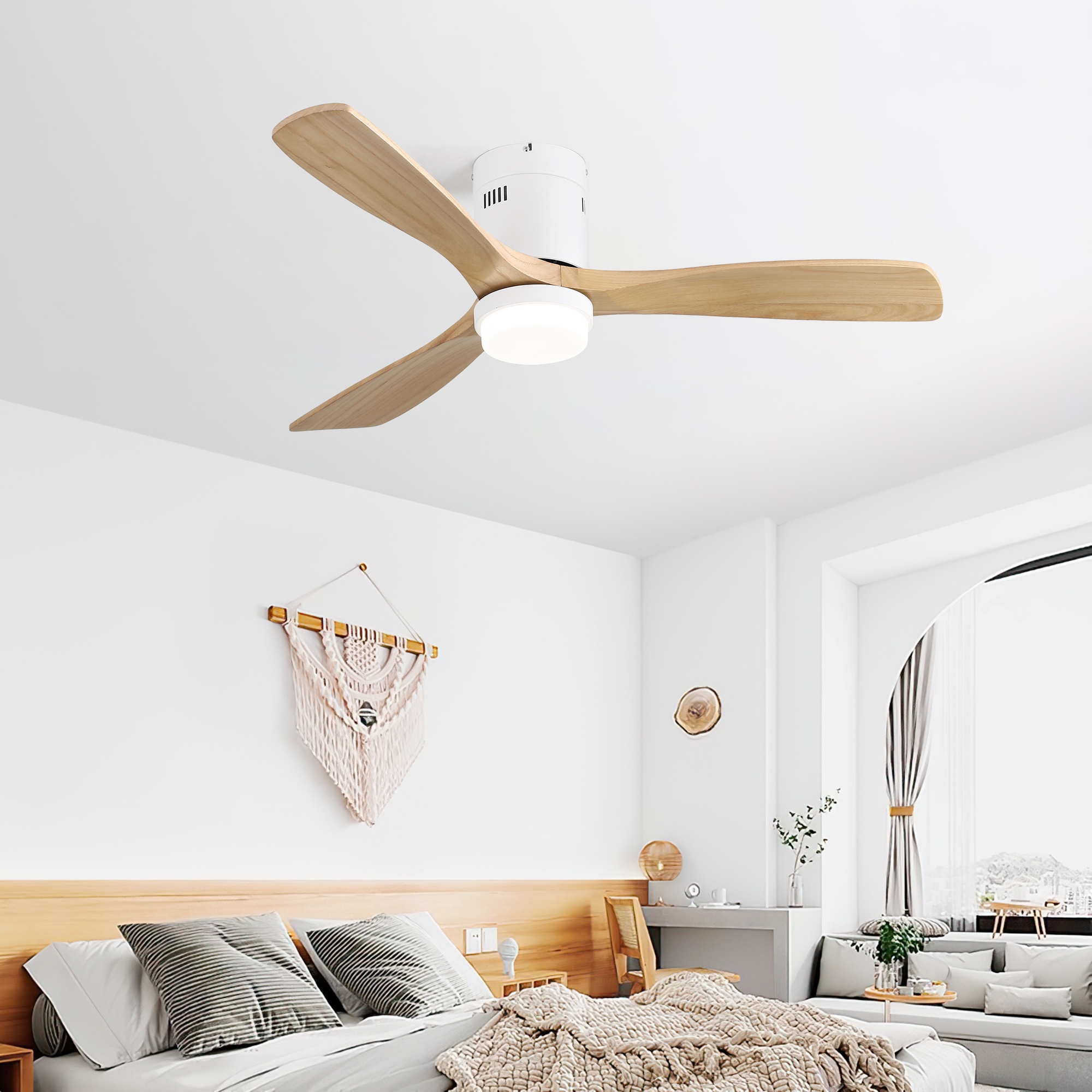 Deckenventilator Mit Leuchte, 132 Cm, Fernbedienung, Leiser Reversibler Dc-motor, 3 Massivholzflügel, 18-w-led Für Wohnzimmer, Weiß