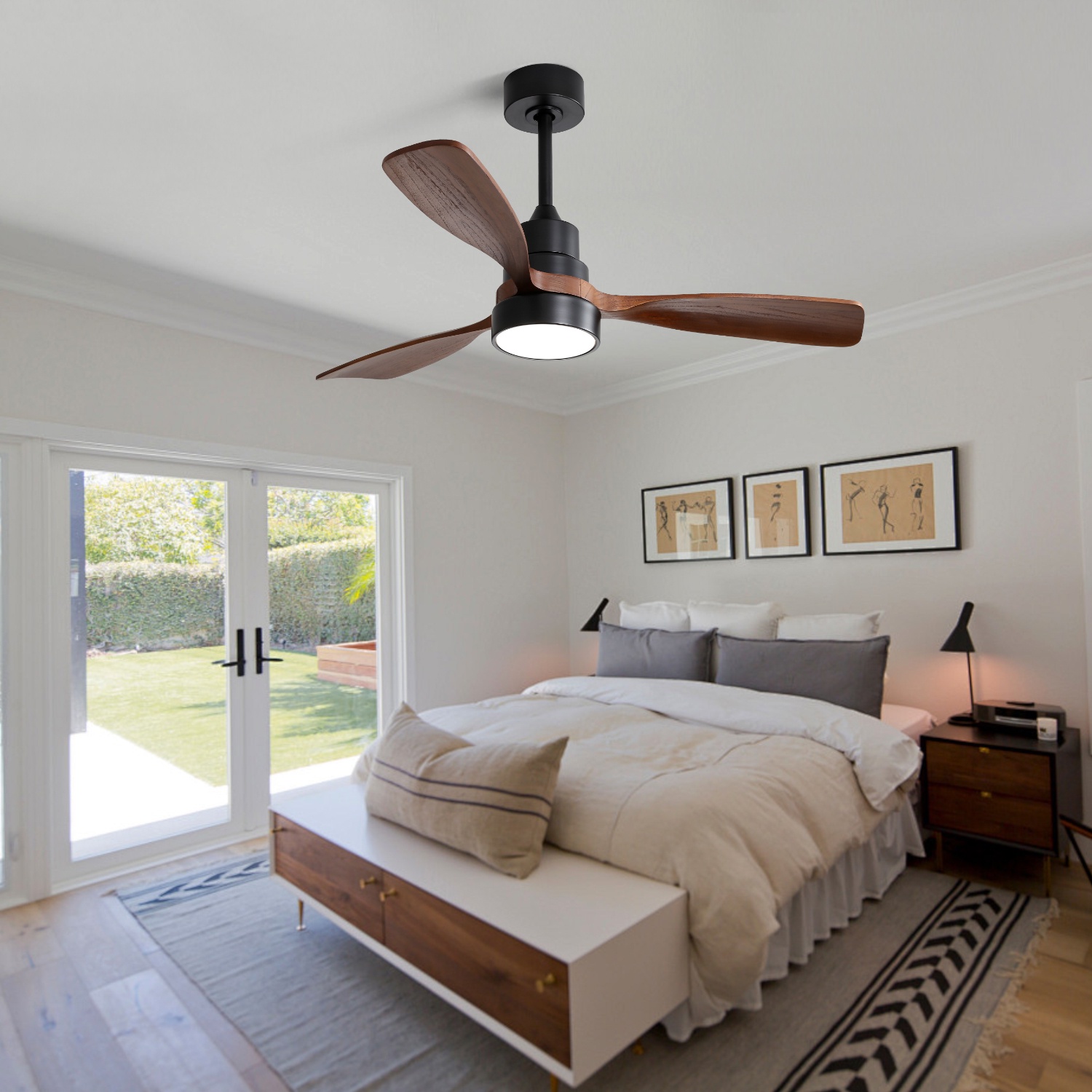 Deckenventilator Mit Led-leuchte, 122 Cm, Leiser Deckenventilator Für Wohnzimmer Und Schlafzimmer, 3 Massivholzflügel Und Fernbedienung, Schwarz