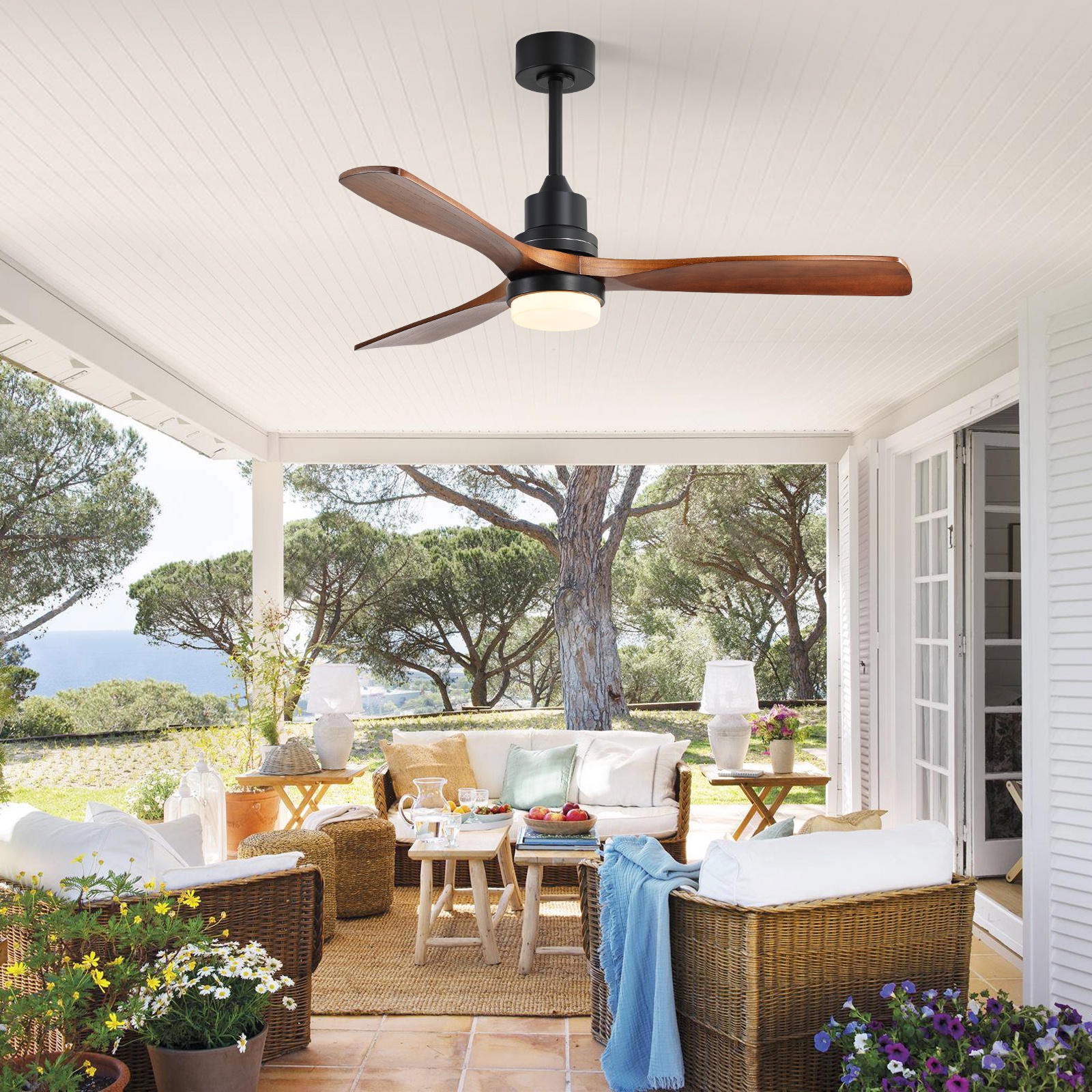 Deckenventilator Mit Leuchte, Fernbedienung, 6 Geschwindigkeitsstufen, Leiser Reversibler Dc-motor, Massivholz Und Metall, 132 Cm, Modernes Design, Schwarz