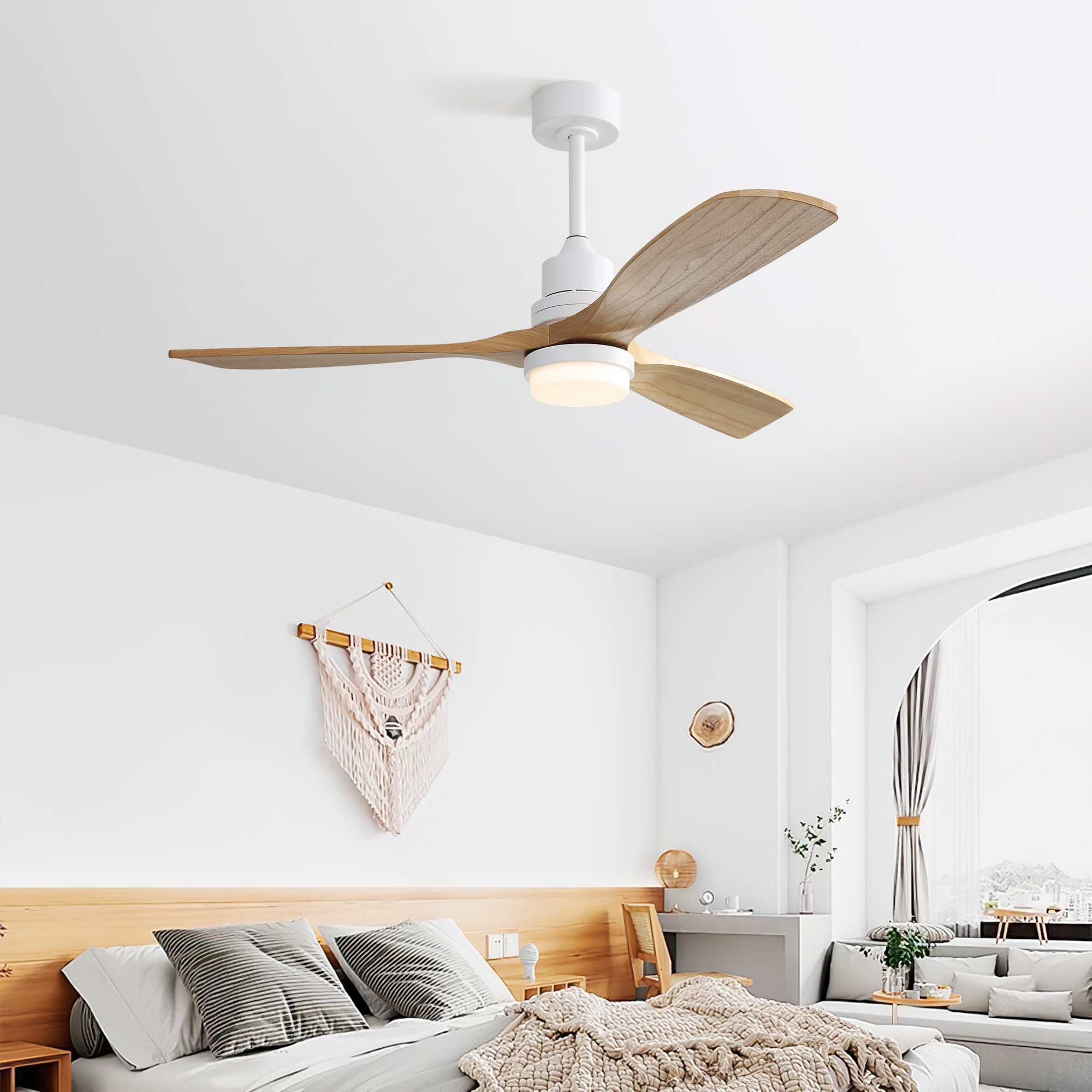 Deckenventilator Mit Led-leuchte, 132 Cm, Leiser Dc-motor Und Fernbedienung, Modernes Design Aus Holz Und Metall, 3 Flügel, Weiß