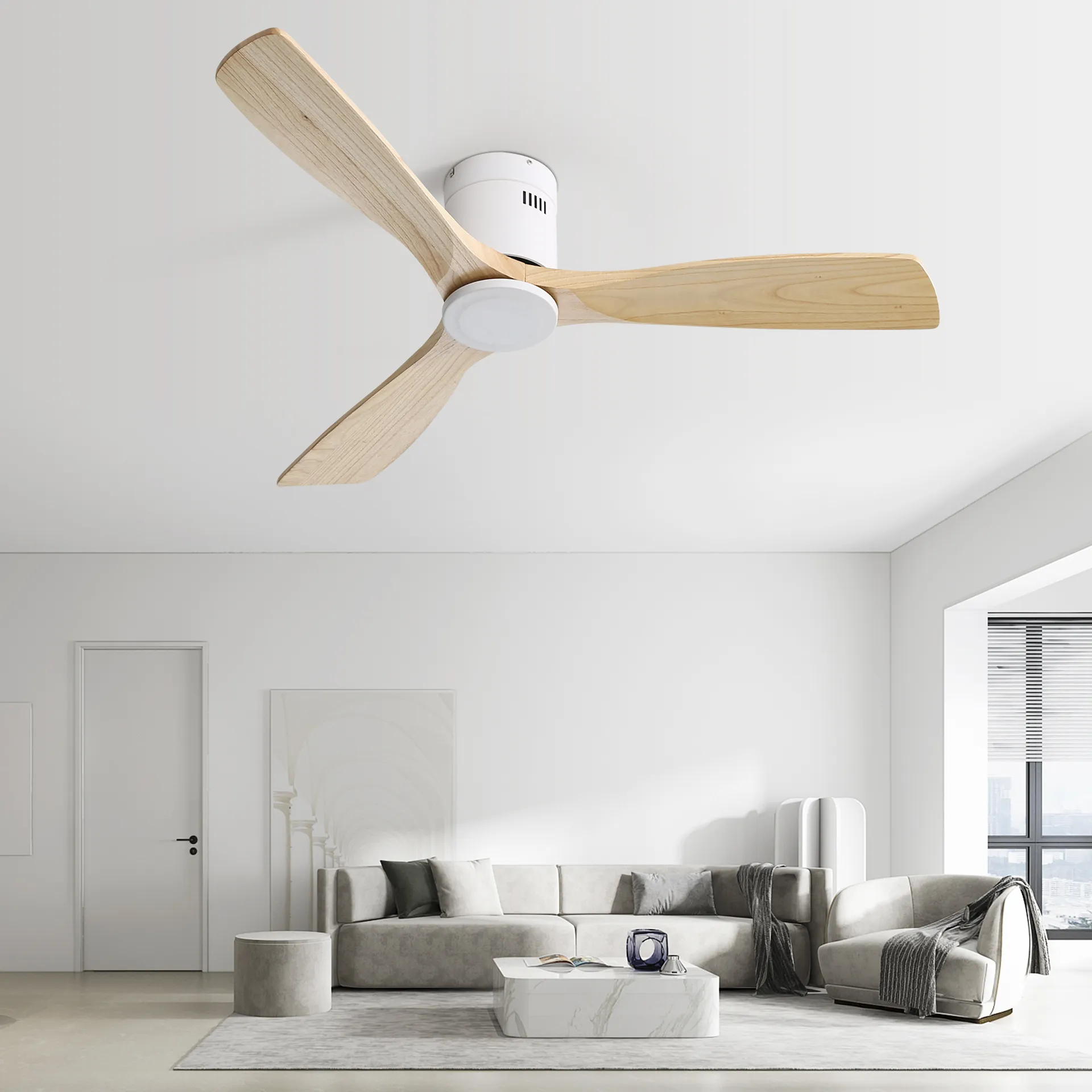 Deckenventilator Ohne Beleuchtung, 132 Cm, Für Wohnzimmer, Schlafzimmer Und Überdachte Terrasse, Fernbedienung, 3 Massivholzflügel, 6 Geschwindigkeitsstufen, Weiß