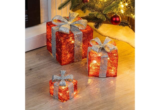 Led Geschenkboxen mit Timer 3er Set - rot / grau - Weihnachts Dekoboxen warm weiß beleuchtet - Weihnachten Advent Winter Christbaum Deko Beleuchtung