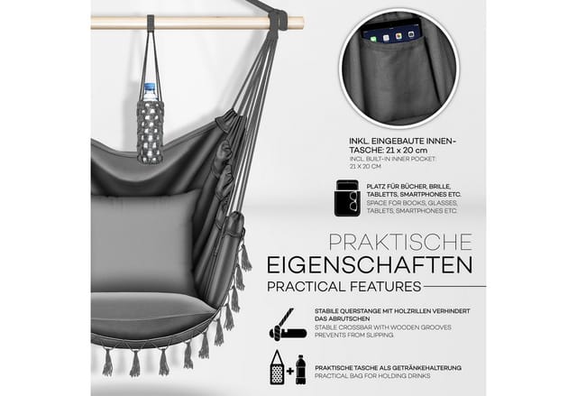 Hängesessel Anthrazit 2 Kissen zum Aufhängen Hängestuhl mit Getränkehalter & Bücherfach Hängesitz wetterfest - Indoor & Outdoor Hängekorb mit