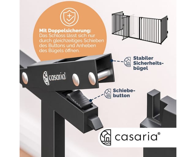 Kaminschutzgitter Baby mit Sicherheitstür Metall ohne Bohren 306x76cm Hundegitter Kinderschutz Türschutzgitter Absperrgitter Schwarz - Casaria