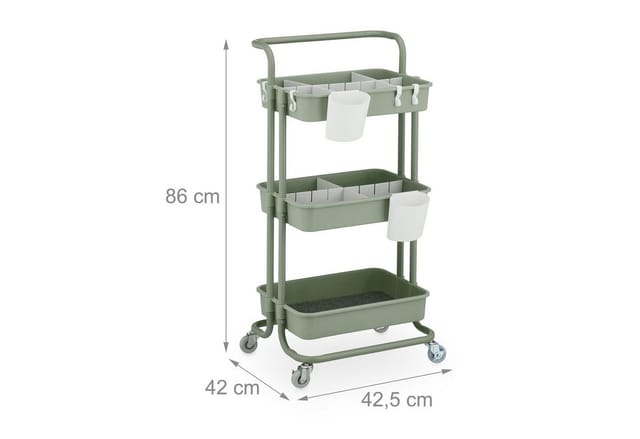 Rollwagen, 3 Etagen, Servierwagen, Küchenwagen für Bad & Büro, Rollregal, hbt: 86x42,5x36cm, Bastelwagen, grün - Relaxdays