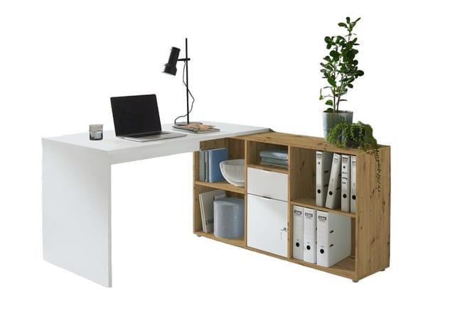 BMG Möbel Eckschreibtisch Lena (mit abschließbarer Tür, Winkelschreibtisch, Homeoffice, Bürotisch) in weiß/ Artisan Eiche